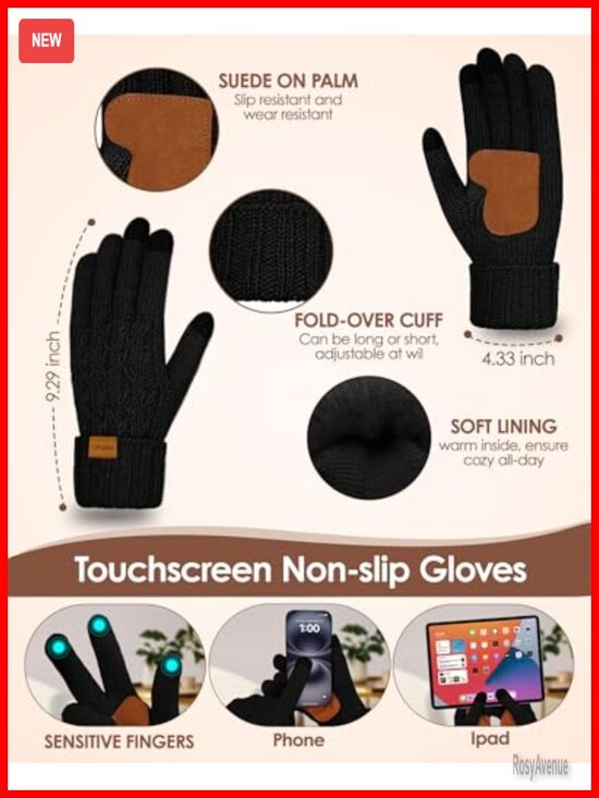 Fleece Lined Knitted Beanie Hat Scarf Gloves Set Touchscreen Mittens main image 5